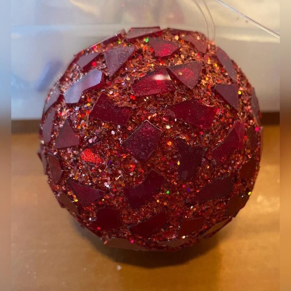 Vintage Red Glitter Bauble Round Christmas Tree Ornament Decor Hanging 3"
